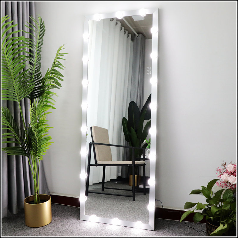 Wall Standing Full Length Mirror With LED Bulbs, Touch Control, And 3 Color Lights For Dressing And Vanity, Silver