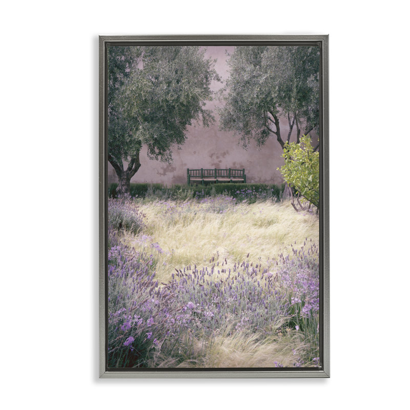 «Bench Amidst Natural Garden», art mural par Deborah Revell, Cadre flottant gris lustré, H 31 po x l 21 po