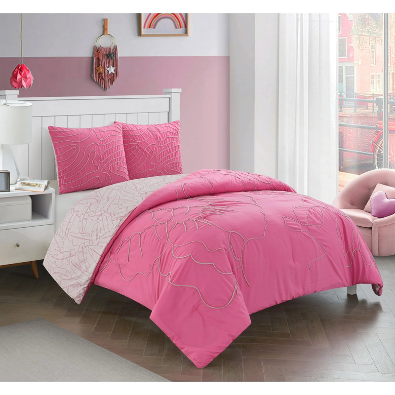 3-piece Tufted Embroidery Pink Flowers And Waves Comforter Set