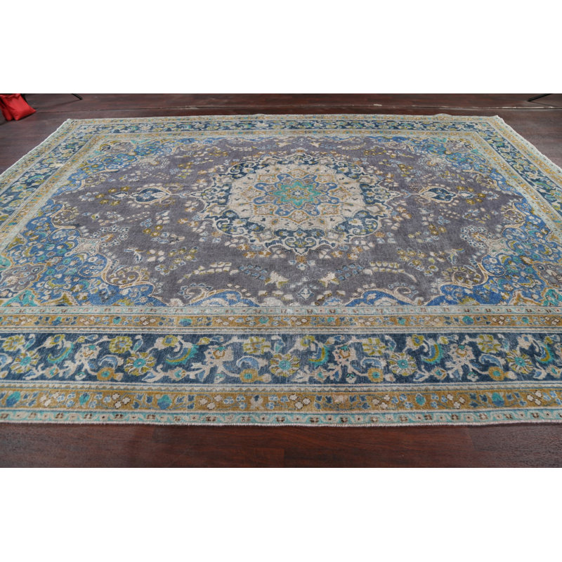 Tapis gris en laine noué à la main de conception unique 9 pi 6 po x 12 pi 7 po