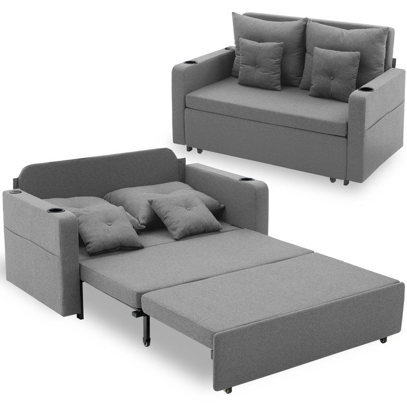 56" 3 in 1 Square Arm Sofa Bed Convertible Loveseat Pull-Out Sleeper Sofa Couch with USB and Cup Holders, Light Gray