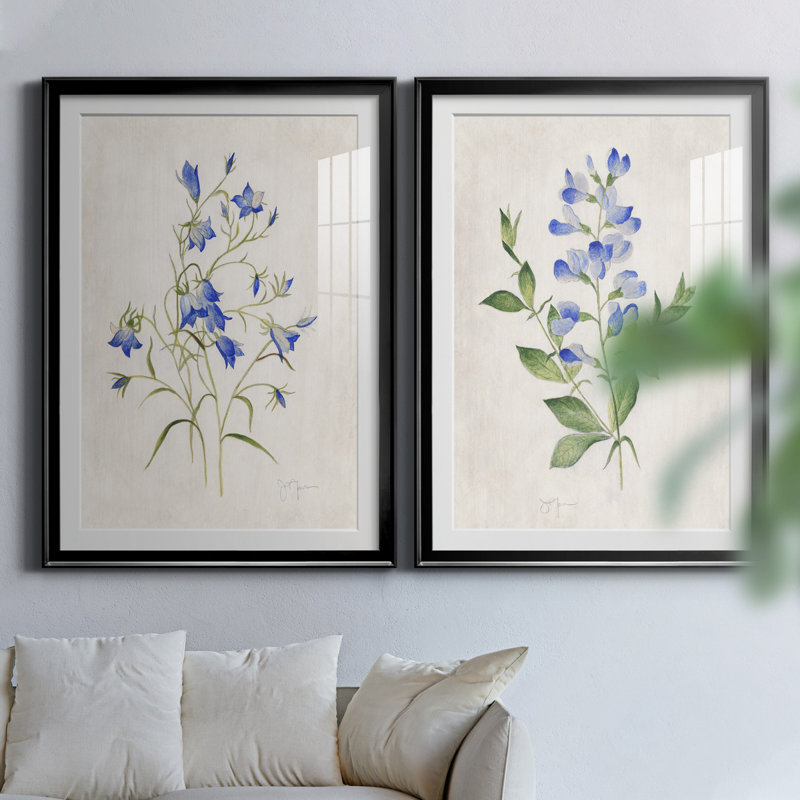 Blue Botanical I - Estampe botanique vintage, encadrée sous verre, lot de 2, décoration murale pour salon et salle à manger.