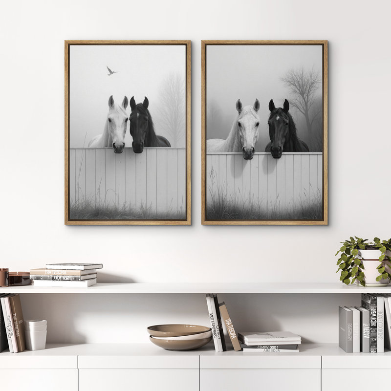 Horses Wall Art Framed Canvas Print Set of 2 Bedroom Wall Decoration, 24" H x 32" W, Natural
