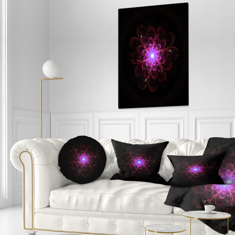 Glow Fractal Flower Pink on Black - coussin à imprimé floral