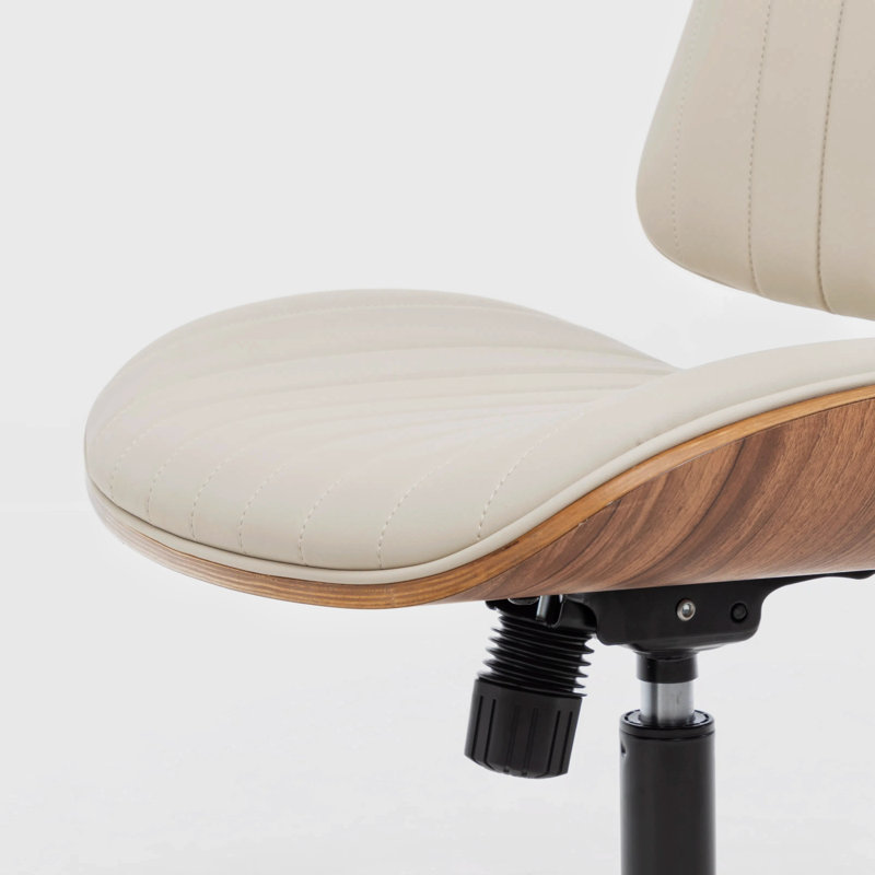 Armless Faux Leather Office Chair with Walnut Bentwood Back & Seat Base – Swivel, Recline & Height Adjustable, Beige