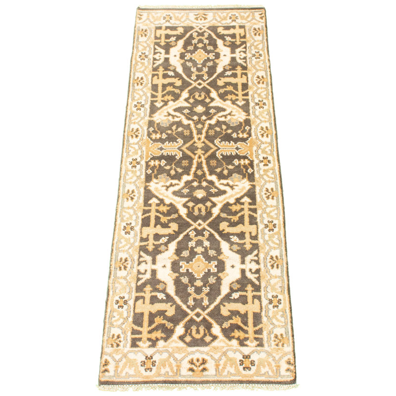 Tapis de couloir en laine noué à la main de conception unique 2 pi 7 po x 7 pi 9 po Dhreej Tapis décoratif en laine gris foncé/beige