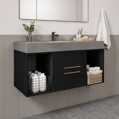Meuble-lavabo flottant contemporain avec plateau en faux marbre, lavabo en céramique et 2 tiroirs en bois massif, noir 39,4 po