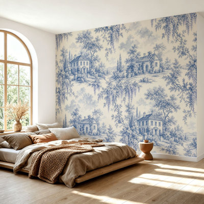 Wall Mural Peel and Stick Wallpaper Vintage Blue Toile de Jouy Rustic Houses Floral Motifs Self-Adhesive Removable Contact Paper Wall Decor for Living Room Bedroom 100"H x 144"W