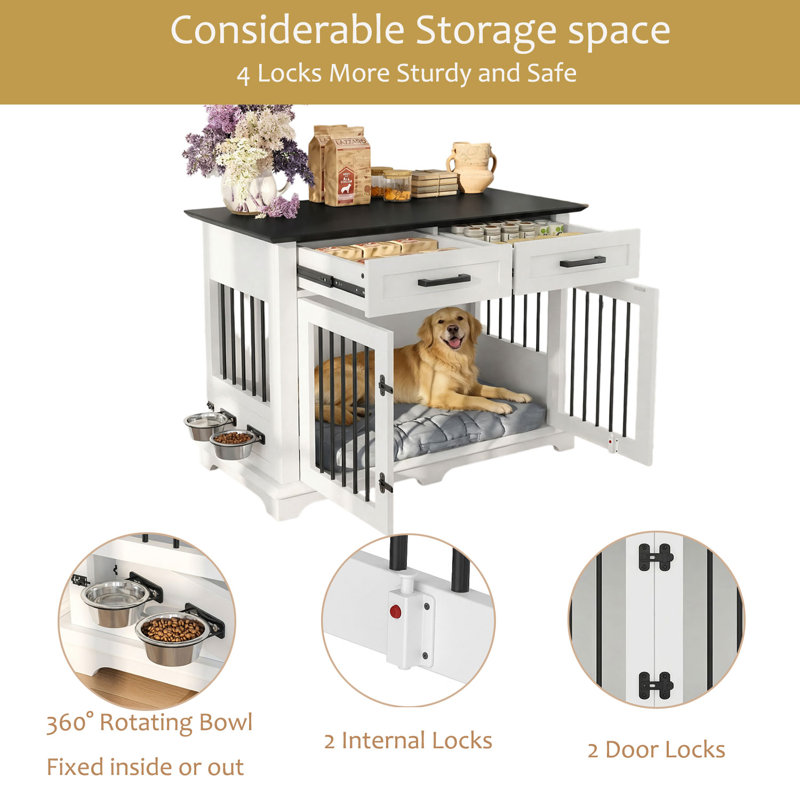 Caisse pour chien double 44,45 po avec 2 tiroirs de rangement et bols rotatifs, White