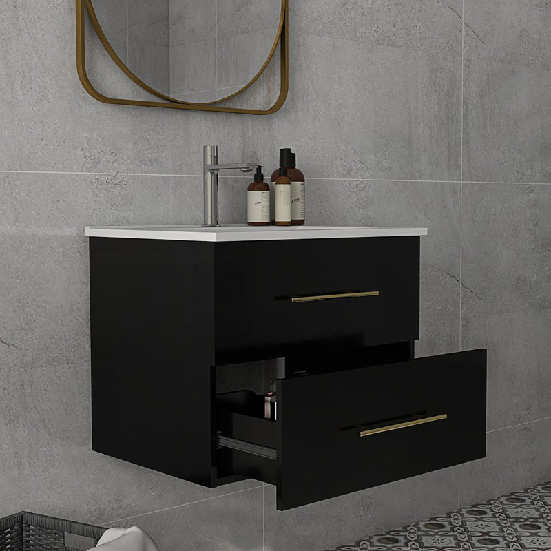 Meuble-lavabo mural avec lavabo et tiroirs doubles, Noir