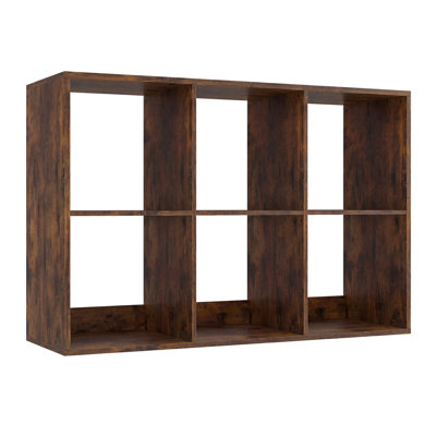 6-Cube Wooden Bookshelf with Back Guardrail, Modern Cube Storage Shelf for Living Room, Bedroom & Home Office, Rustic Brown