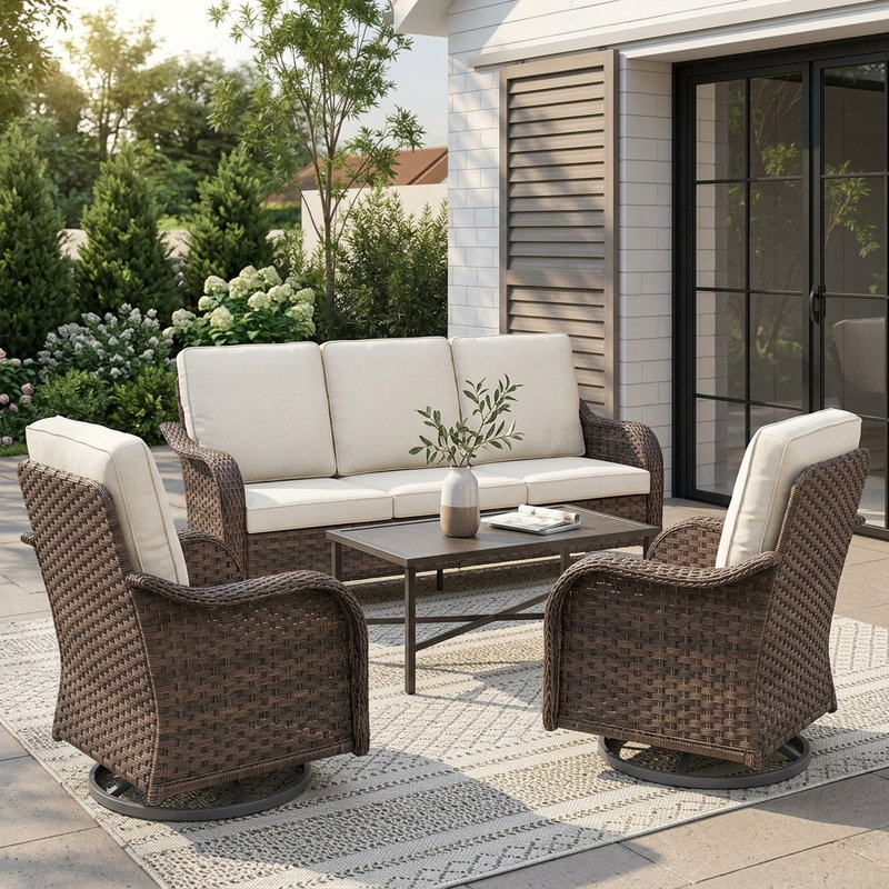 Ensemble de mobilier de jardin en résine tressée 2 pièces, ensemble de conversation extérieur en rotin brun avec canapé 3 places et causeuse, coussins beiges