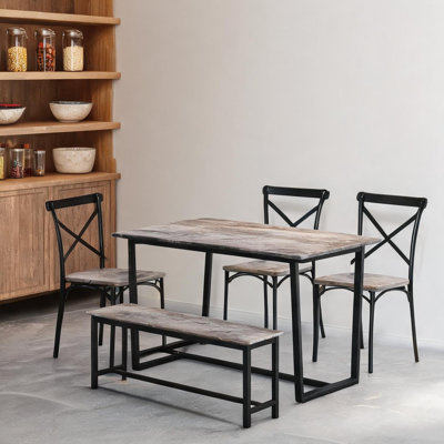Dining Table Set with 4 Chairs and Bench, Industrial Steel Frame, Neutral Gray MDF, Seats 4, Compact Rectangle for Small Spaces