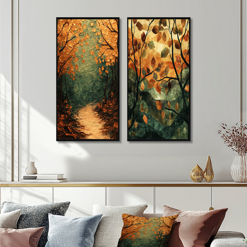 Feuilles de forêt brune, tranquillité I - Art mural floral, collection 2 panneaux, H 40 po x l 41 po, Cadre flottant noir