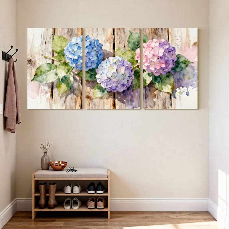 Aquarelle, fleurs d'hortensia sur fond en bois, impression sur toile, ensemble floral (ensemble de 3), H 18 po x l 36 po