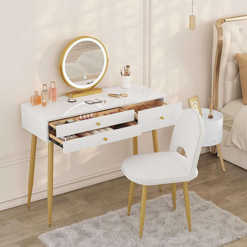 Etchemin Dressing Table with Mirror, White/Gold