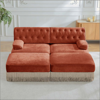 Avec 2 repose-pieds, tissu de velours respirant, jupe à pampilles, canapé de style Chesterfield, combinaison libre, accoudoirs carrés légèrement courbés, base en bois de qualité supérieure, facile à assembler, pour le salon