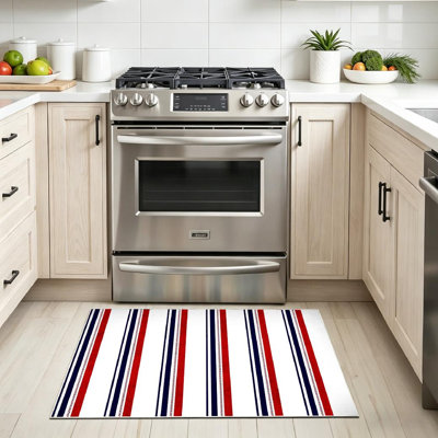 Navy Machine Washable,Fabric Retro Stripe with Blue White and Red Stripes Indoor Area Rug