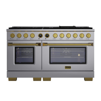 KUCHT 60 In. 7.9 Cu. Ft. 10 Burners Dual Fuel Range For Natural Gas In Stainless Steel And Gold + Wall Mount Range Hood