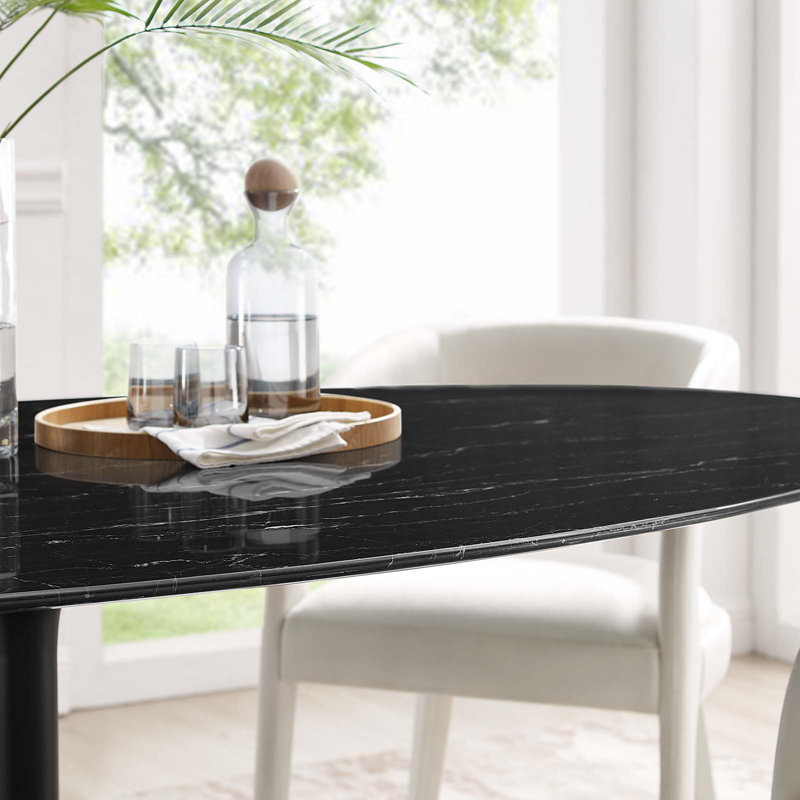 Black Oval Artificial Marble Dining Table with Metal Pedestal Base