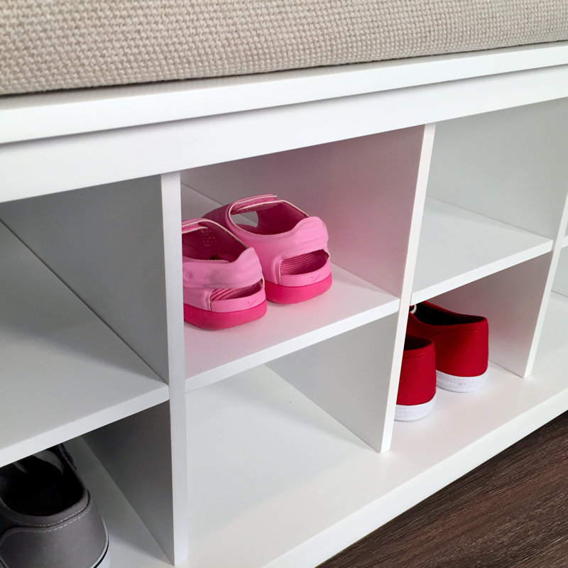 White Solid Wood Shoe Storage Bench with Cushion