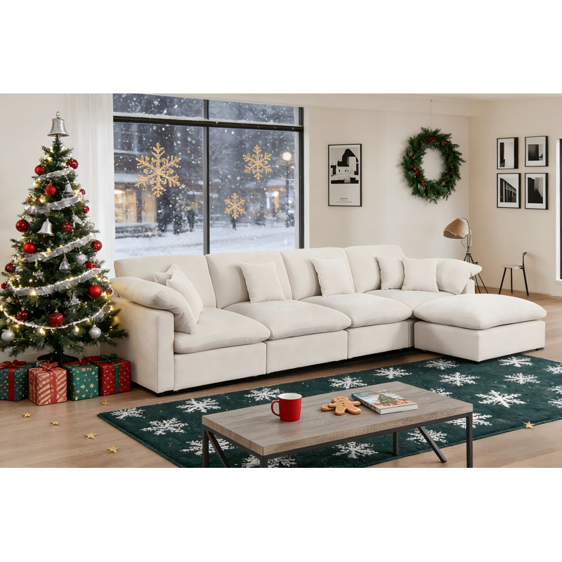 L-Shaped 153" Module Sectional Chenille Fabric Sofa Cloud Beige Couch with Removable Ottoman&Cushion, Beige Chenille