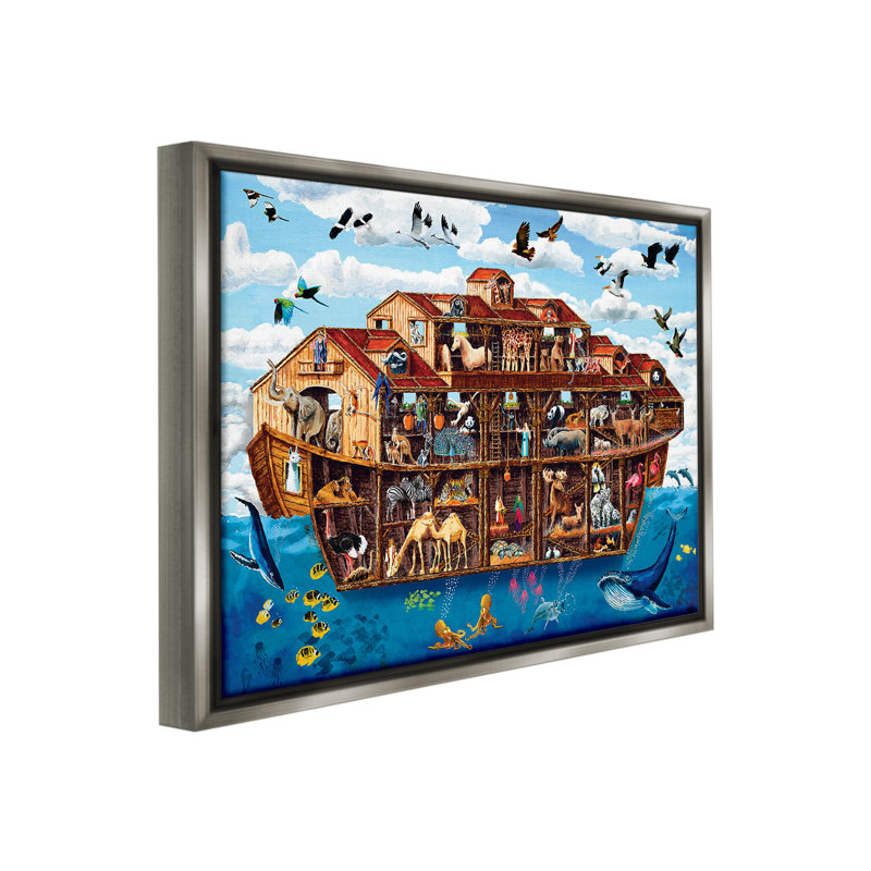 "Noah's Ark Animals" par Art Poulin sur toile, Cadre flottant gris lustré, H 17 po x l 21 po