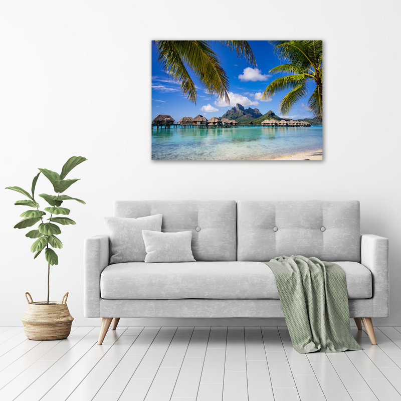 Glass Print Wall Art 100X70cm Image Printed On Glass Decorative Wall Picture Behind Toughened / Tempered Safety Real Glass For Kitchen & Living Room Theme:Palm Trees On Bora Bora