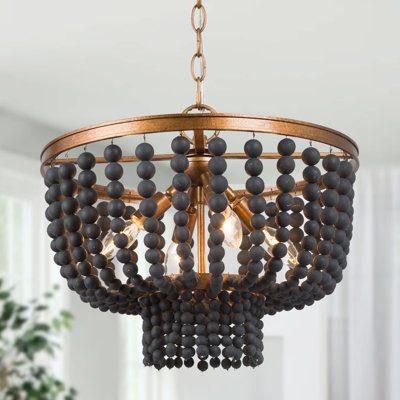 Hatfrneld 4-Light Black & Gold Drum Chandelier with Wood Beaded Accents