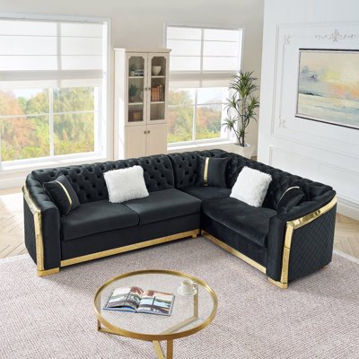 Canapé modulaire en forme de L de 106 pouces avec accents en acier inoxydable doré, canapé de luxe capitonné à boutons en velours pour le salon, beige