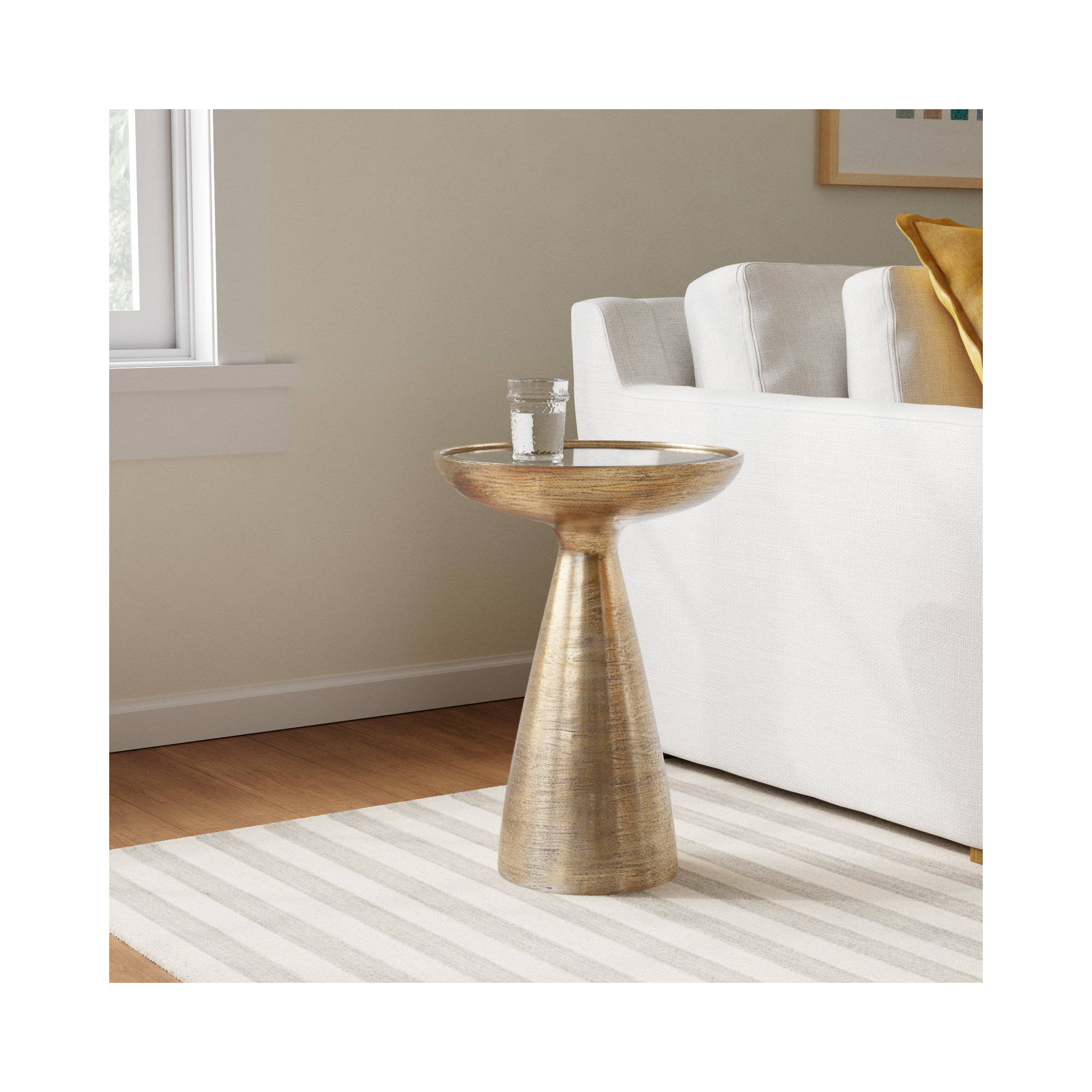 Baya Round Pedestal End Table, Antiqued Mirror, Brushed Brass