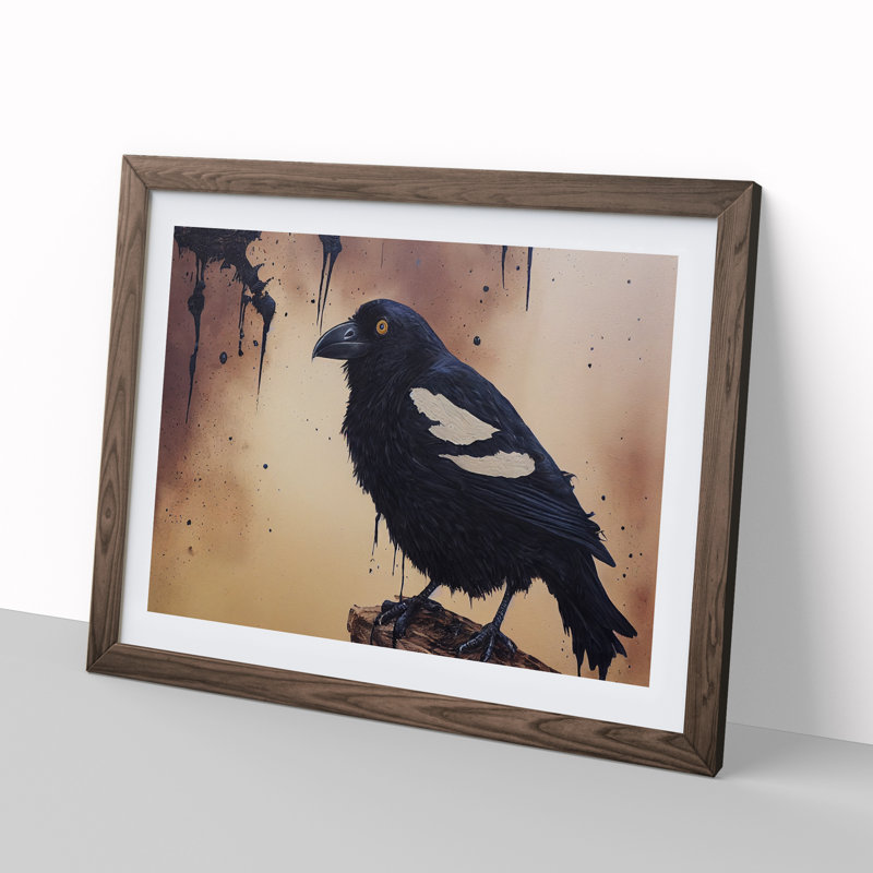 Hewarming Raven Bird - Single Picture Frame Painting, 34cm H x 46cm W x 2cm D, Walnut