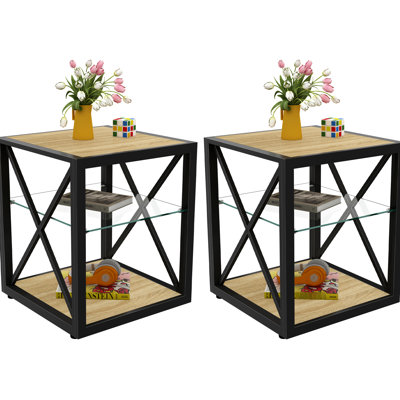 2 tables de chevet modernes pour la chambre à coucher et le salon, avec plateau en bois naturel en verre trempé, table de chevet de style industriel, table de chevet à 3 niveaux, compacte