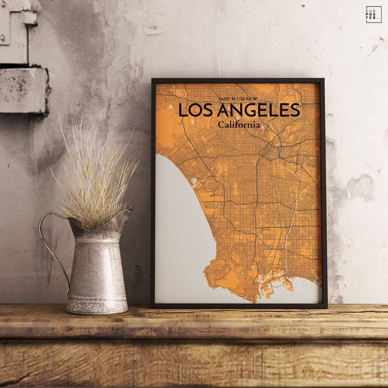 « los angeles city map », reproduction d’impression sur affiche d’art orange, H 17 po x l 11 po