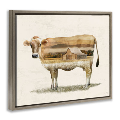 «Cow with Country Barn Landscape», art mural sur toile flottante, design par Amber Sterling
