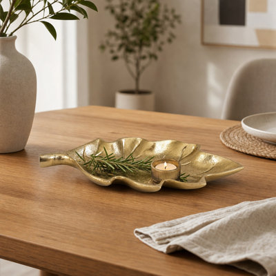 Plateau décoratif en aluminium à motif de feuille, idéal pour présenter un centre de table - Organisateur de table pour l'entrée, la table basse ou la table à manger - 23 cm, doré