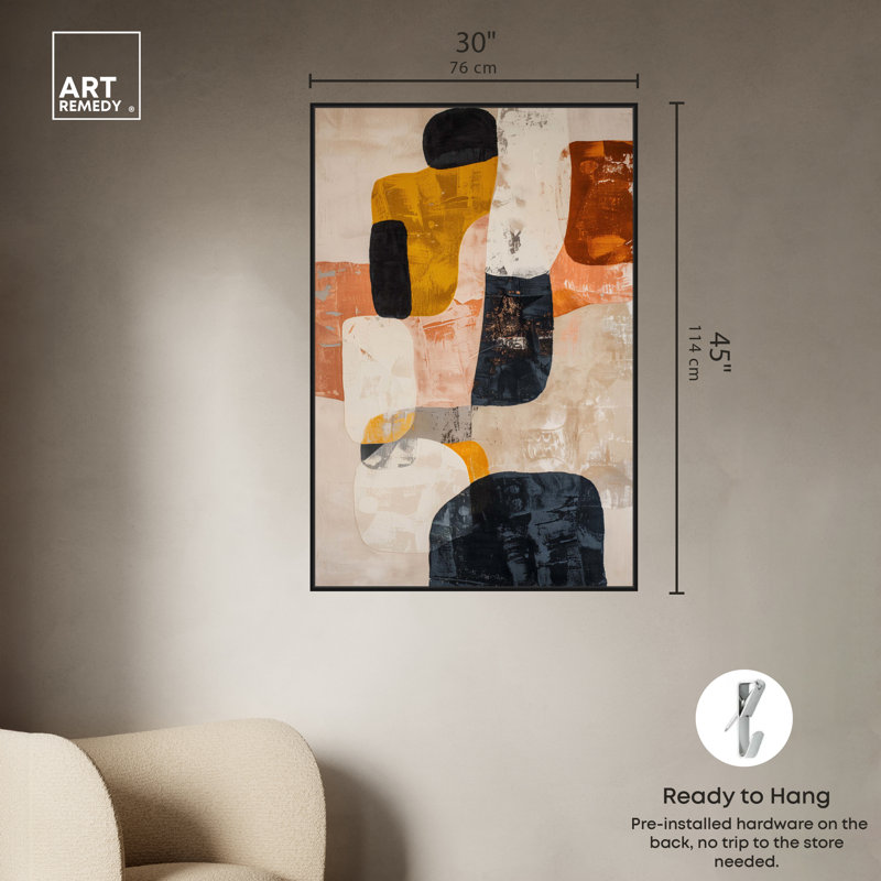 Asphodel boho neutre, art mural abstrait par Art Remedy, Cadre noir, H 46 po x l 31 po