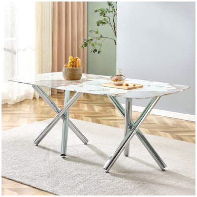 Grande table de salle à manger rectangulaire moderne et minimaliste pour 6 à 8 personnes, équipée d'un plateau de table de 0,39 po et de pieds en métal