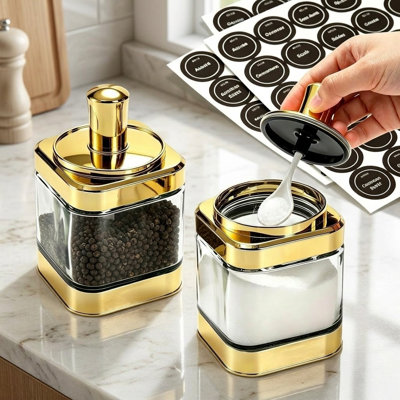 Gold Glass Spice Jars 12oz with Airtight Lid and Attached Spoon Seasoning Sugar Salt Container for Kitchen 2 Pack