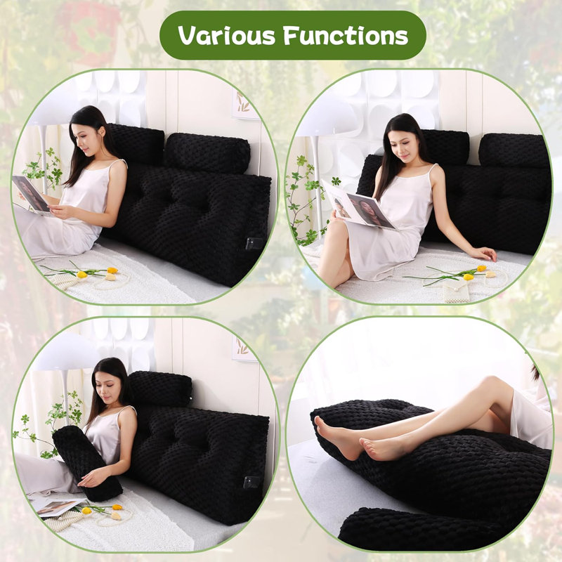 Combination Headboard pillow-1 Wedge Headboard Pillow + 2 Head Pillows, 7.87"H x 75.98"W, Black