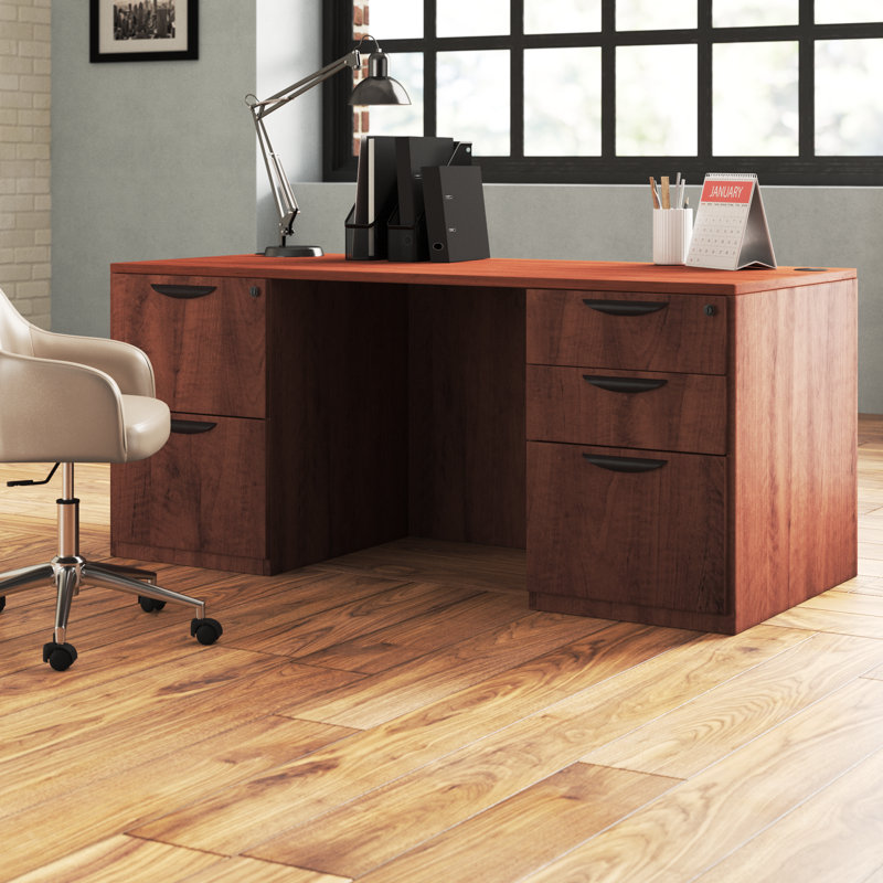 Bureau avec double piédestal Nevjana, Cerisier, H 29 po x l 66 po x P 30 po