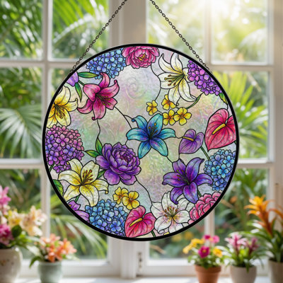 Vitrail de vitrail à motif floral H 7,8 po
