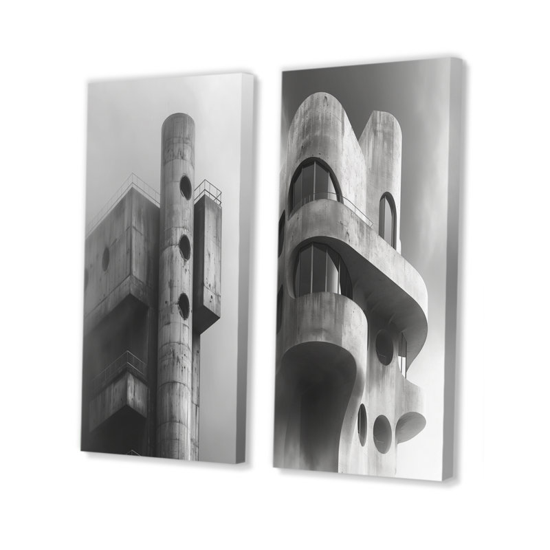 Ensemble d'art mural gris 2 forteresses du futur I - Forteresses, H 28 po x l 24 po, Toile tendue sur cadre