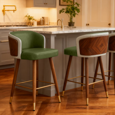 Modern Bar Stools Set Of 2 With Back, 34 Inch Counter Height Bar Chairs - Walnut Wood Frame & Faux Leather Upholstered Seating For Kitchen Island, Home Bar, And Breakfast Nook,avocado