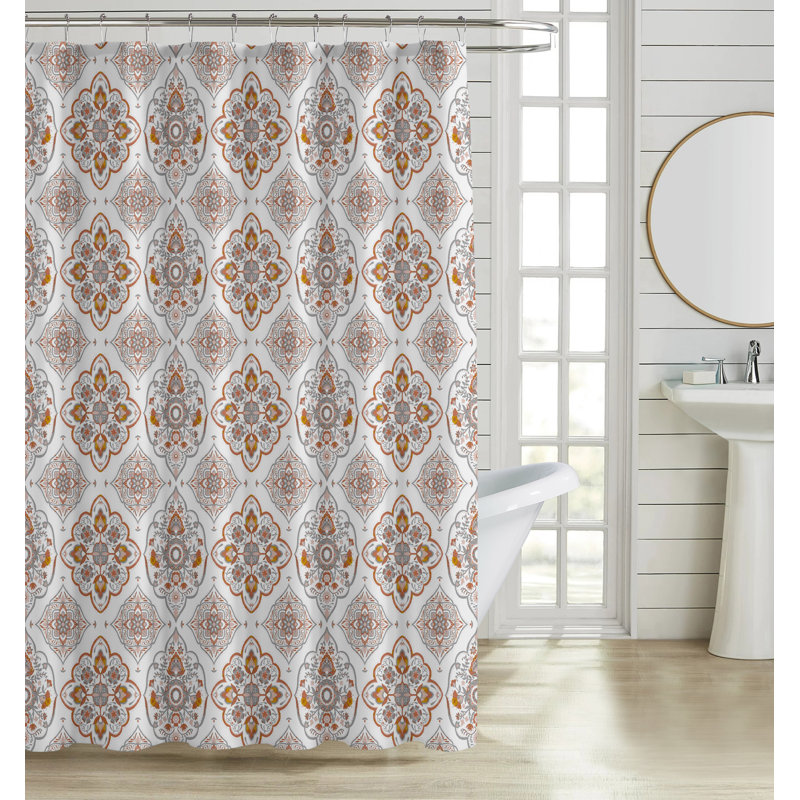 Ensemble de 13 rideaux de douche luxueux, Blanc / motif géométrique rose