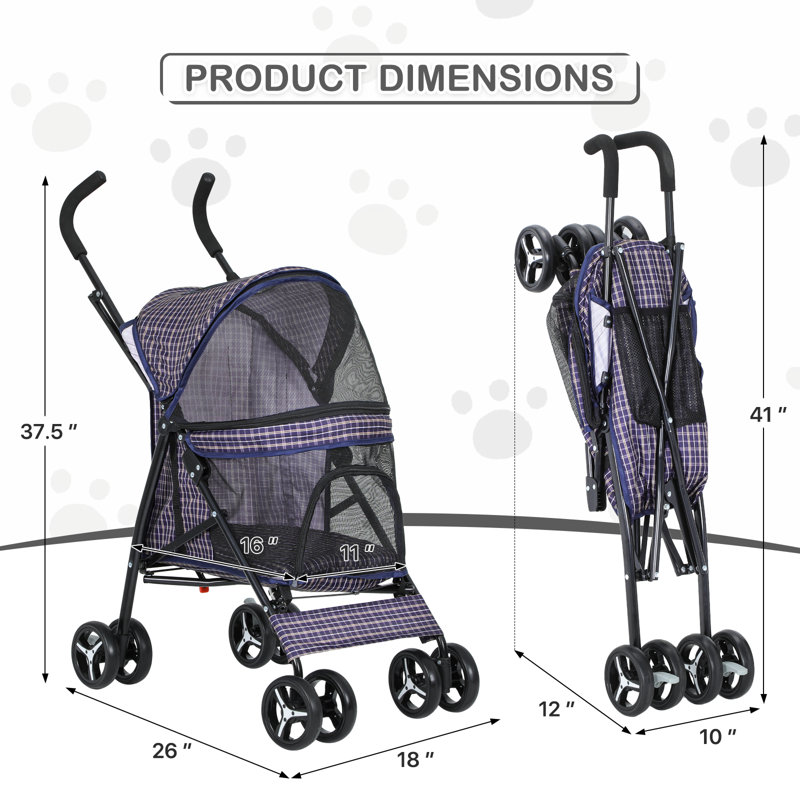Plaid Steel Frame Foldable Pet Stroller with Rubber Wheels