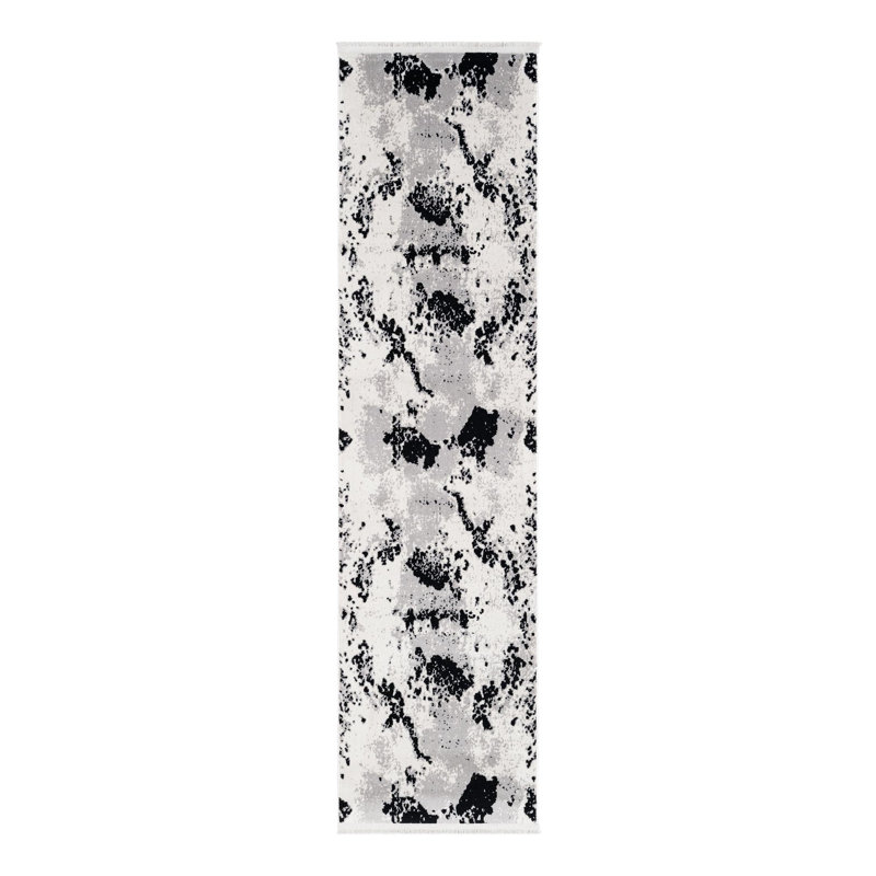 Bralin Abstract Machine Made Polyester Area Rug in Black/White/Gray, Runner 2' x 8'