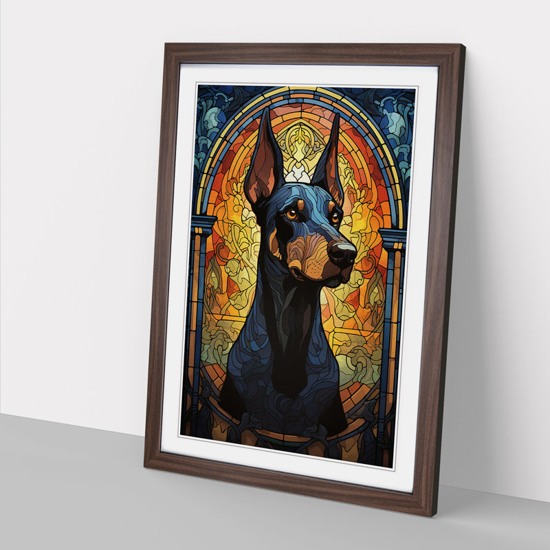Doberman Nouveau - Single Picture Frame Print on Wood, Walnut Framed, 64cm H x 46cm W