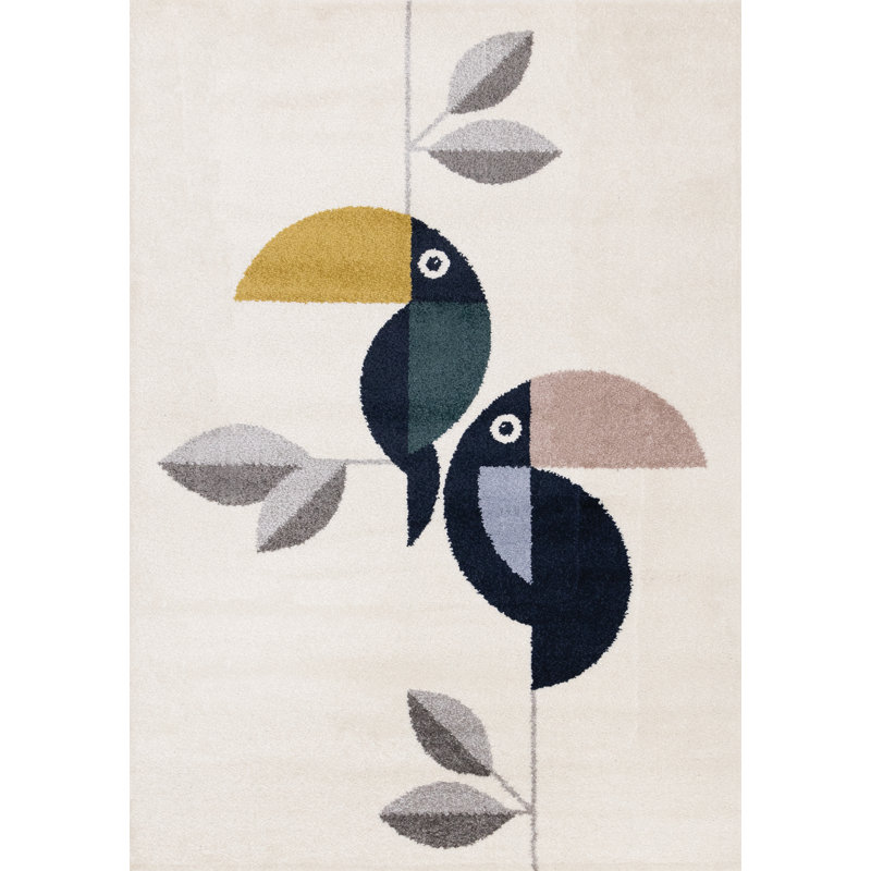 Annabel Cream Grey Yellow Watchful Toucans Area Rug, Rectangle 3'11" x 5'7"