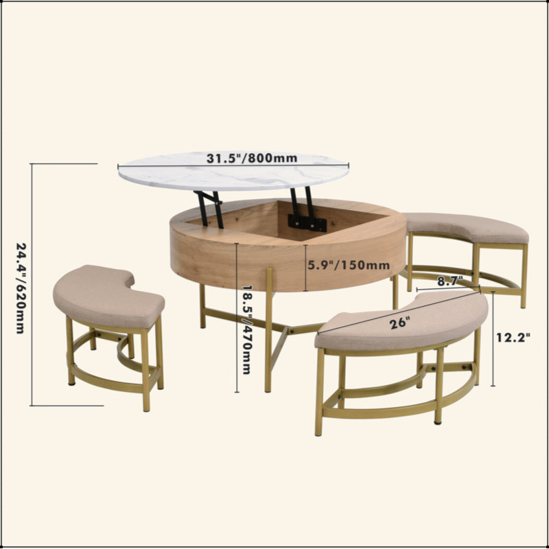 MDF Round Lift-Top Coffee Table with Storage & 3 Ottomans - Modern Space-Saving Design for Living Room, Natural
